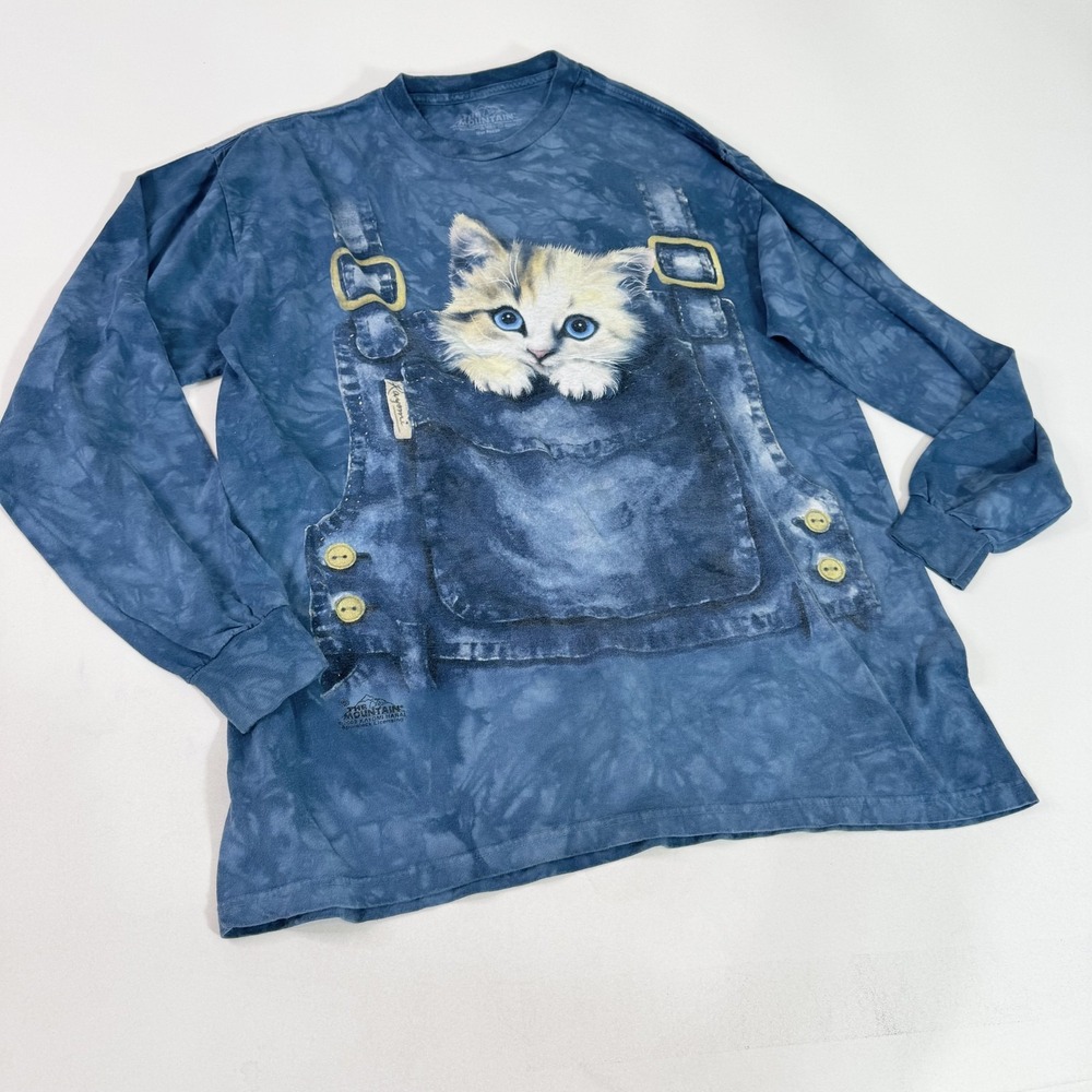 The Mountain Shirt Mens XL Blue Cat Overalls Long Sleeve Kitten Graphic USA